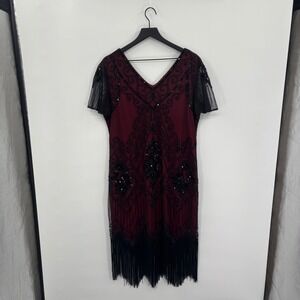 Womens Flapper Dress Burgundy Black Beaded Fringe V Neck Short Sleeve Gatsby